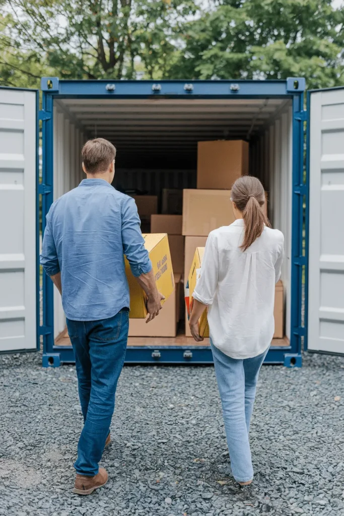 A couple carrying boxes into their storage unit at Paddock Wood Self Storage in Paddock Wood