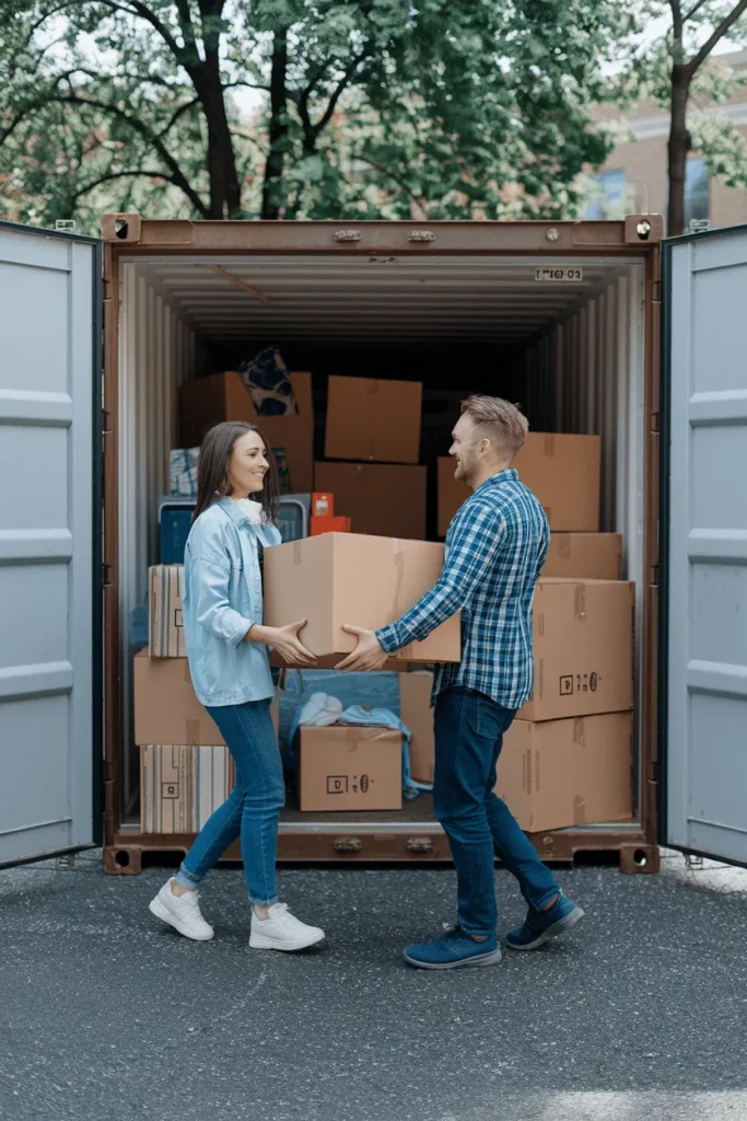 A couple loading boxes into their long-term storage container in paddock wood near tonbridge