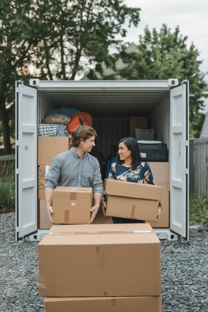 A couple putting their furniture in a self storage container in paddock wood near tunbridge wells kent