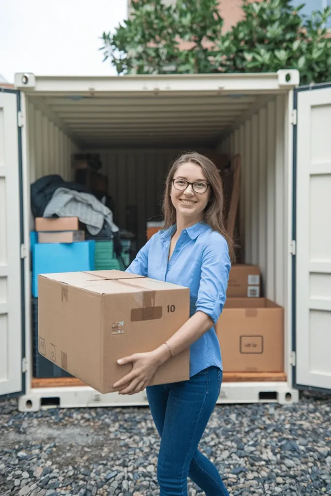 A female university student carrying a box into paddock wood self storage