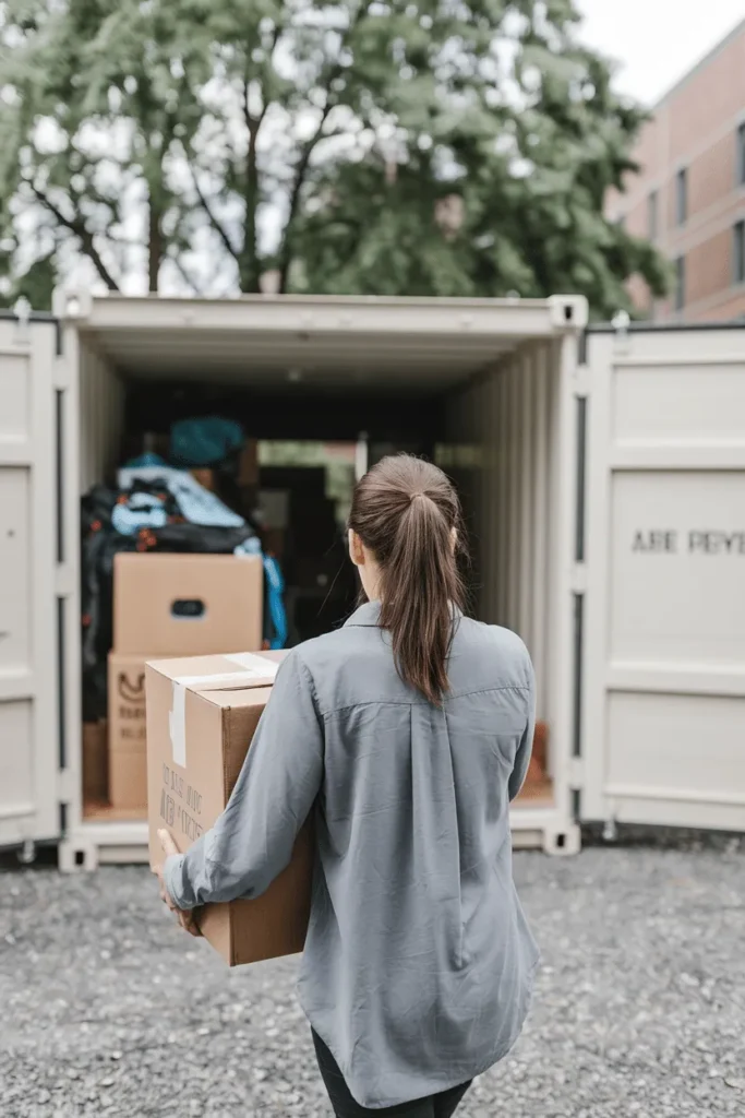 A female university student carrying a box into paddock wood storage