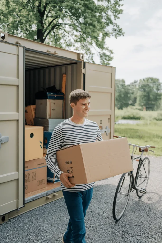 A male college student putting his things into a self-storage container in paddock wood self-storage in kent