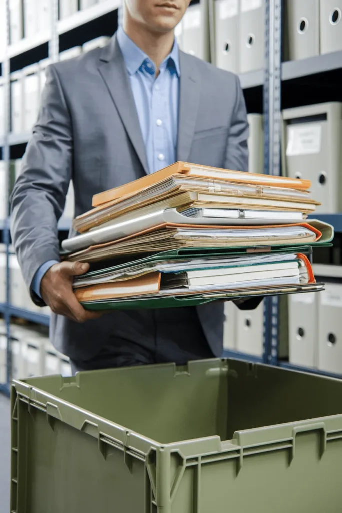 A man carrying office files into a storage container