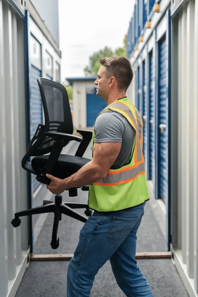 A man carrying office furniture into a storage container in paddock wood self storage near tonbridge