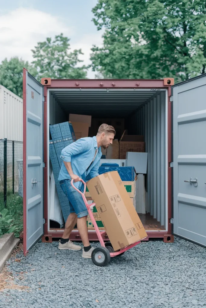 A man loading a box into a storage container in Paddock Wood Self Storage