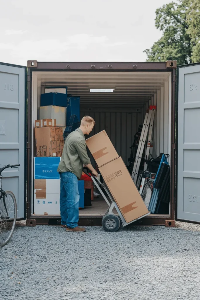 A man loading boxes and furniture into a storage container in Paddock Wood