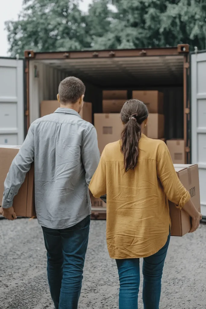 A photo of a couple carrying cardboard boxes personal storage paddock wood kent