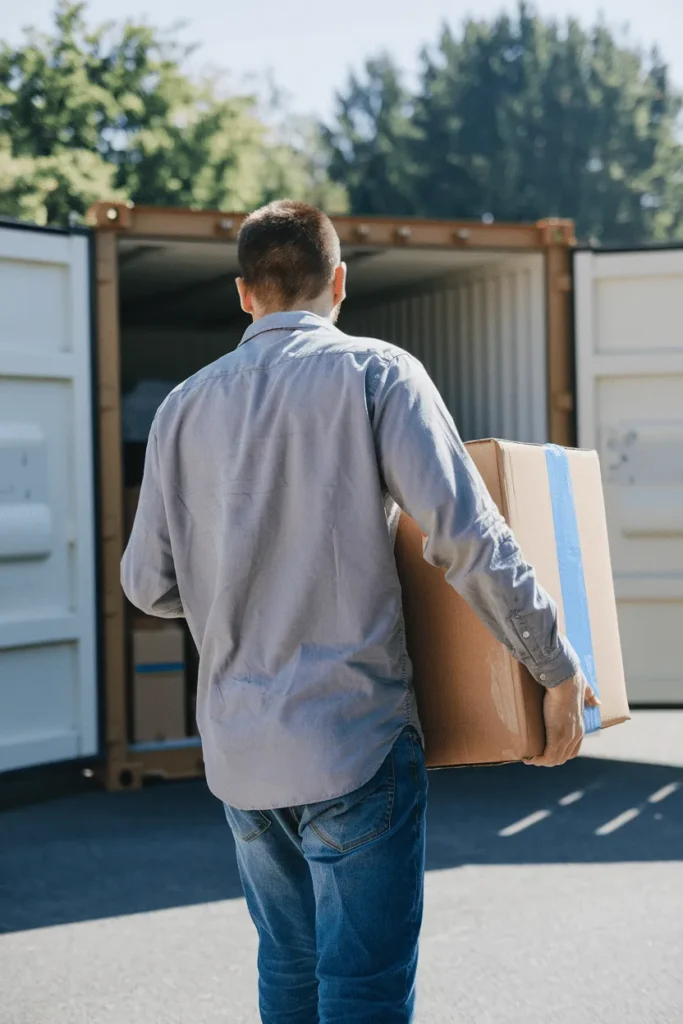A photo of a man carrying a cardboard box to storage