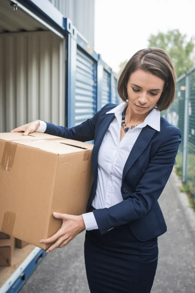 A woman carrying boxes to a storage container in paddock wood storage